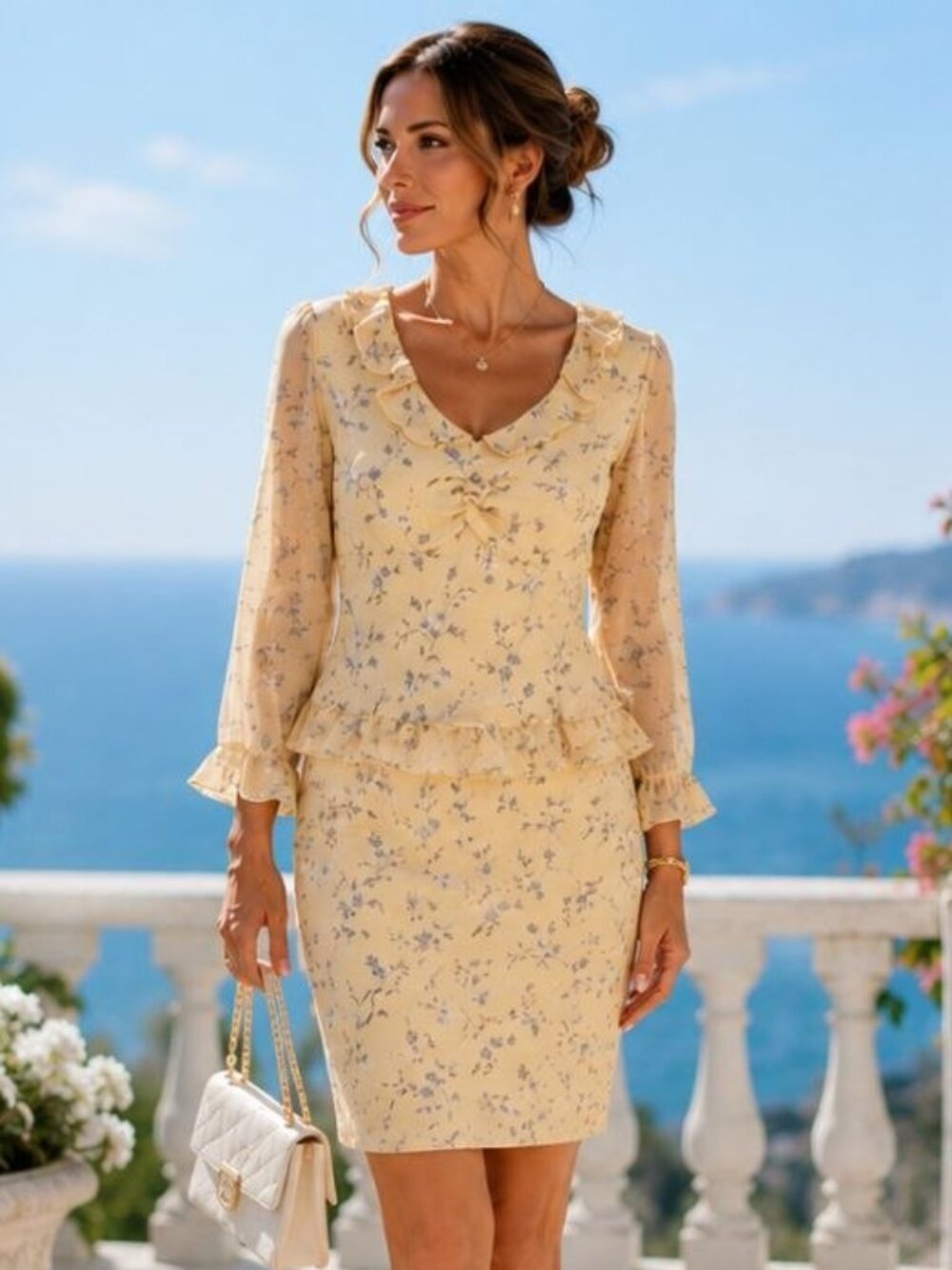 Hugo Boss 2 Piece Floral Rayon Skirt Suit Set Yellow Romantic Cottagecore Elega